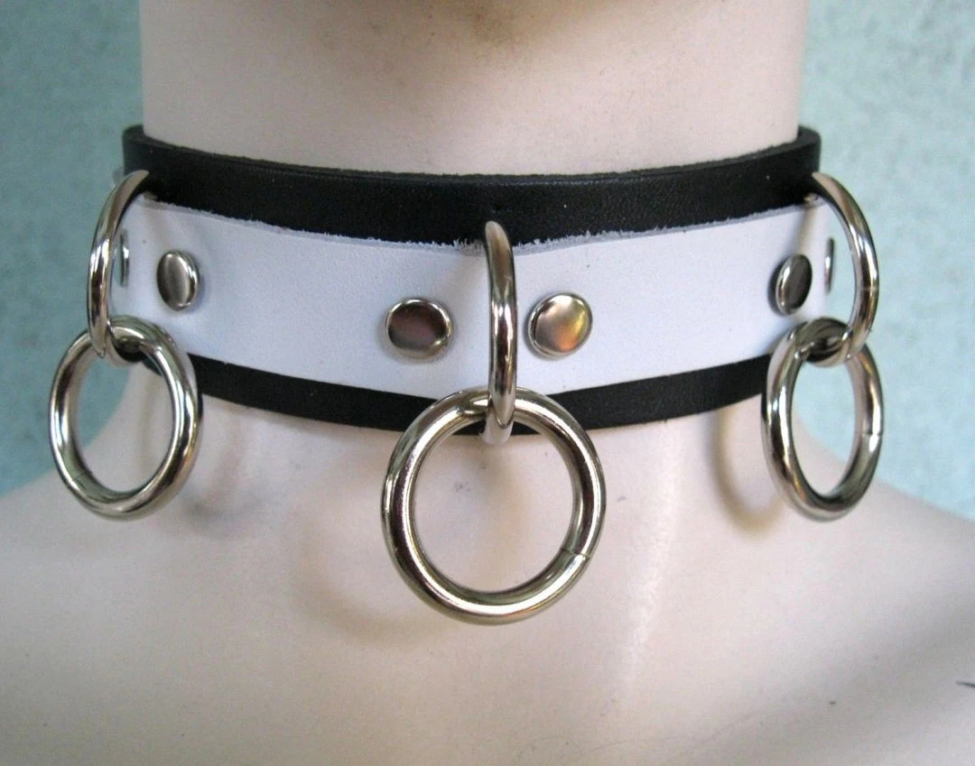 Ape Leather White On Black Leather Bondage Choker With 3 Rings Men's Stuff 1 Ape Leather White On Black Leather Bondage Choker With 3 Rings Men's Stuff
