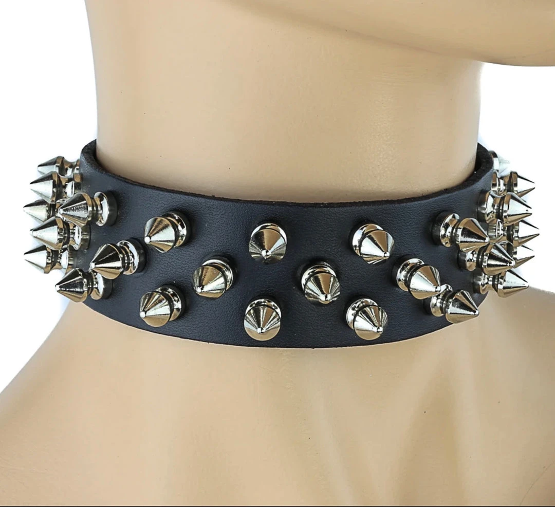 Funk Plus Chokers And Collars 1 1/8" BLACK LEATHER CHOKER WITH 3 ROW 1/2" SPIKES 1 Funk Plus Chokers And Collars 1 1/8" BLACK LEATHER CHOKER WITH 3 ROW 1/2" SPIKES