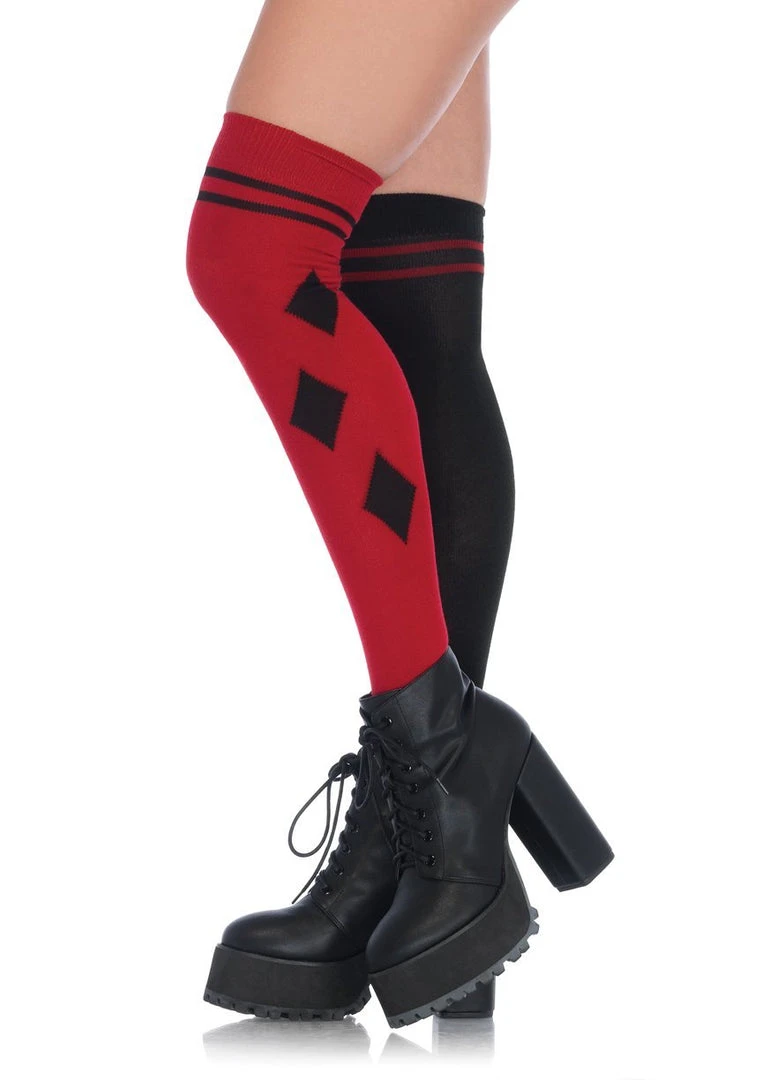 Leg Avenue Accessories Harlequin Dual-Color Over The Knee Socks Black/Red 2 Leg Avenue Accessories Harlequin Dual-Color Over The Knee Socks Black/Red