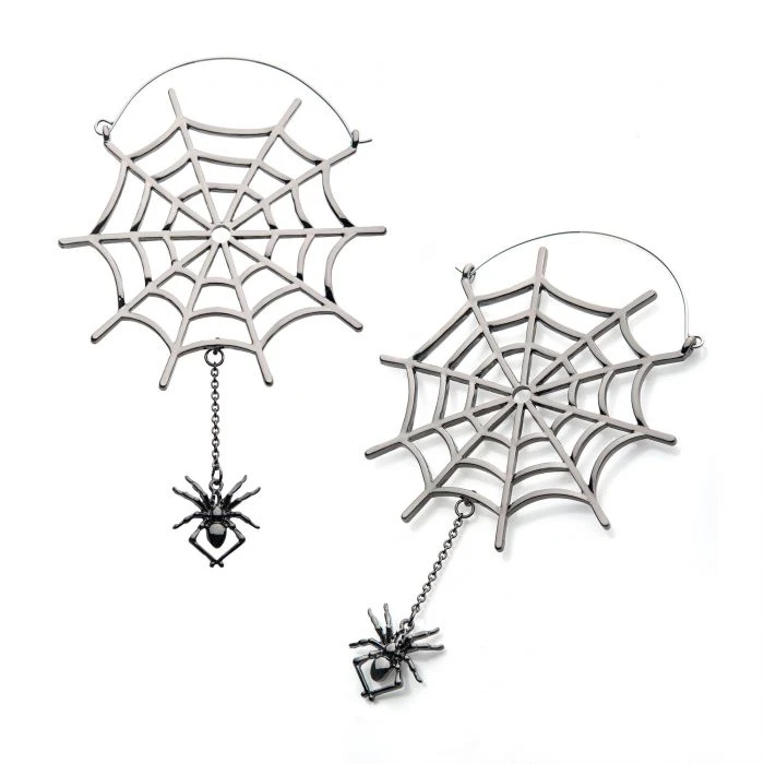 BodyVibe Stainless Steel With Silver Plated Spider Web And Dangling Spider Plug Hoops 1 BodyVibe Stainless Steel With Silver Plated Spider Web And Dangling Spider Plug Hoops