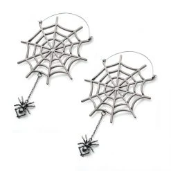 BodyVibe Stainless Steel With Silver Plated Spider Web And Dangling Spider Plug Hoops