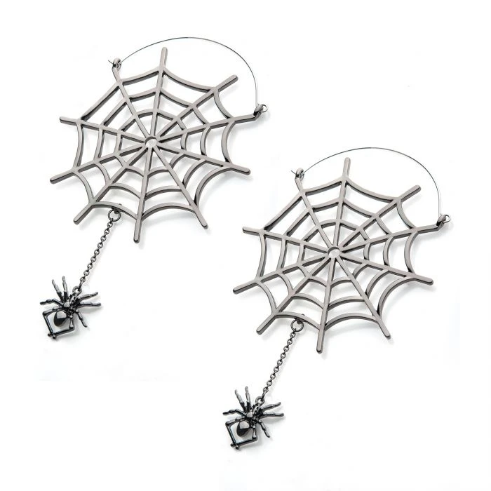 BodyVibe Stainless Steel With Silver Plated Spider Web And Dangling Spider Plug Hoops 2 BodyVibe Stainless Steel With Silver Plated Spider Web And Dangling Spider Plug Hoops