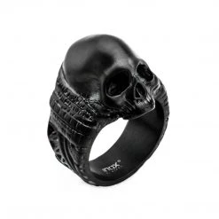 INOX Stainless Steel Black Plated Matte Finish Skull Ring
