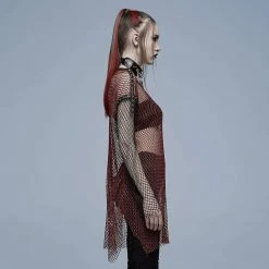Punk Rave Grunge Double Color Splice Mesh Top - Black And Red